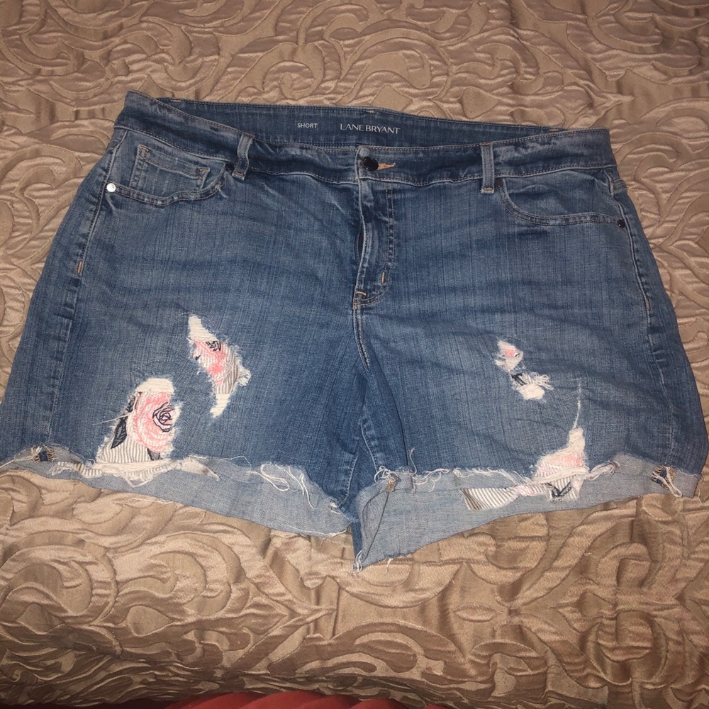 Lane Bryant Blue Denim Shorts with Pink Floral Embroidery